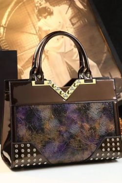 Elegant Colorblock Zircon Embossed Calf Leather Tote Handbag