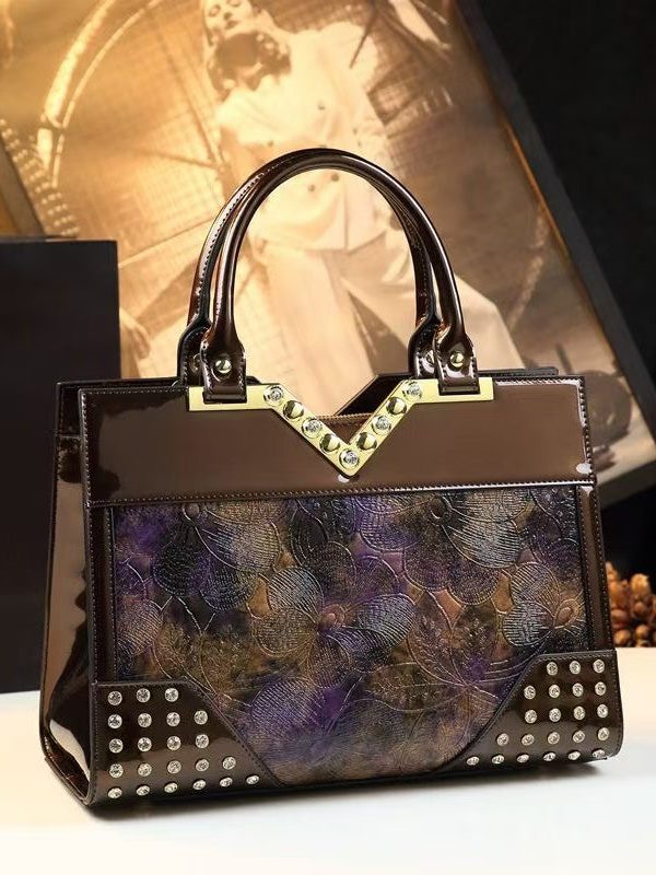 Elegant Colorblock Zircon Embossed Calf Leather Tote Handbag