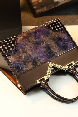 Elegant Colorblock Zircon Embossed Calf Leather Tote Handbag