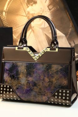 Elegant Colorblock Zircon Embossed Calf Leather Tote Handbag