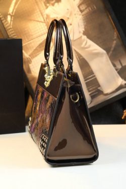 Elegant Colorblock Zircon Embossed Calf Leather Tote Handbag