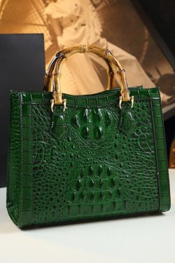Elegant Green Embossed Versatile Calf Leather Tote Handbag