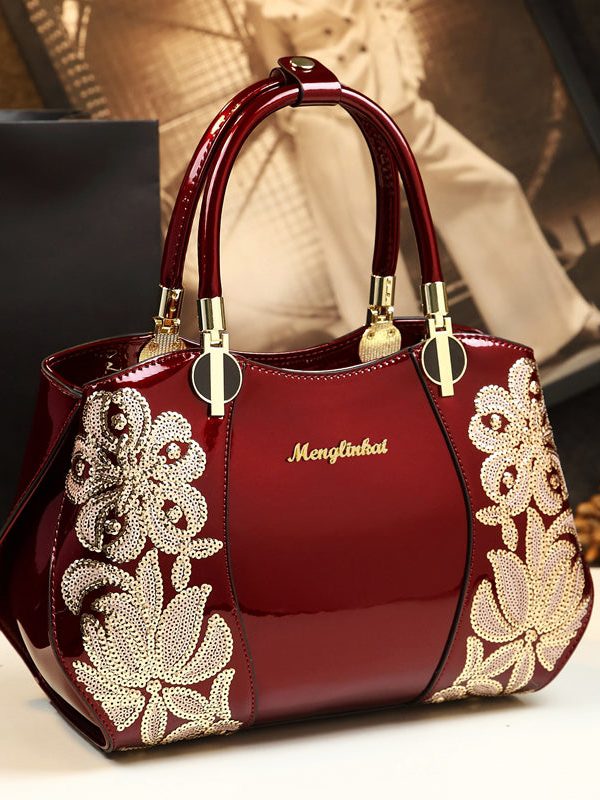 Elegant Mulberry Sequins Floral Calf Leather Tote Handbag