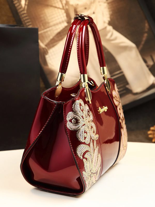 Elegant Mulberry Sequins Floral Calf Leather Tote Handbag