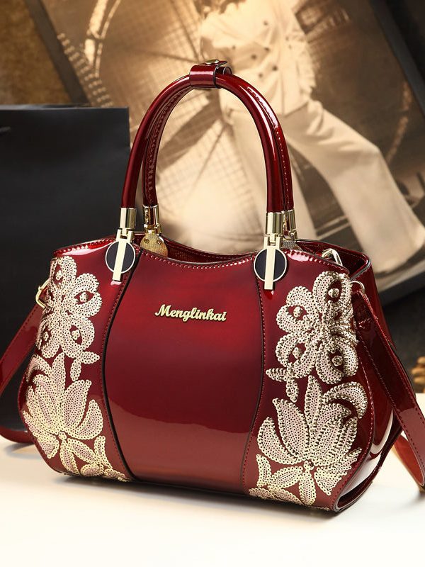 Elegant Mulberry Sequins Floral Calf Leather Tote Handbag