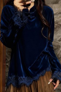 Elegant Peacock Blue Mandarin Collar Patchwork Lace Silk Velour Top Spring