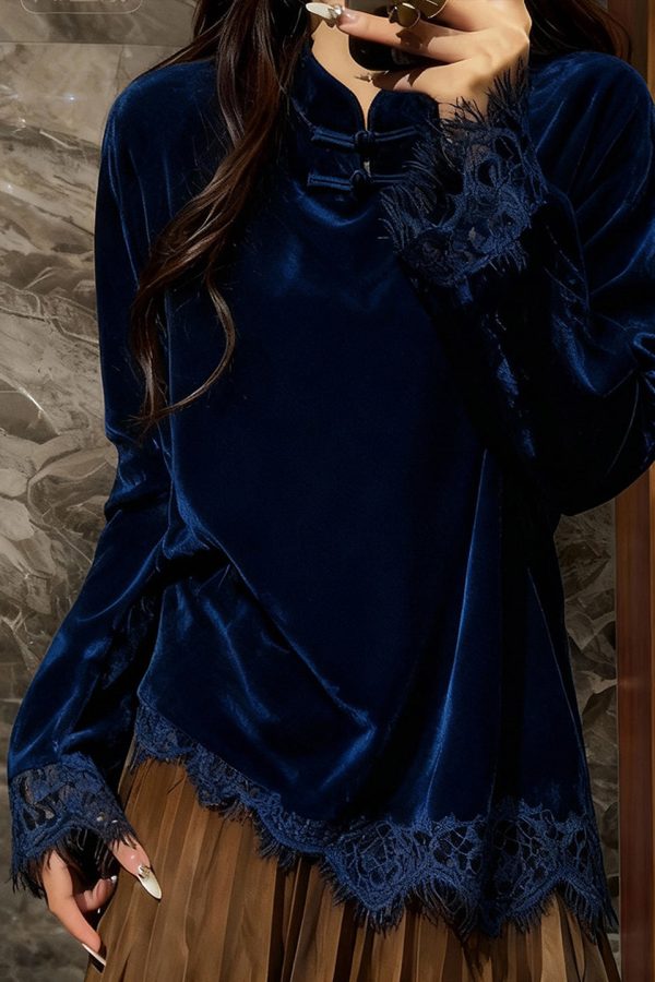 Elegant Peacock Blue Mandarin Collar Patchwork Lace Silk Velour Top Spring