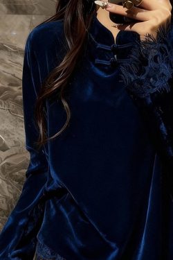 Elegant Peacock Blue Mandarin Collar Patchwork Lace Silk Velour Top Spring