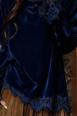 Elegant Peacock Blue Mandarin Collar Patchwork Lace Silk Velour Top Spring