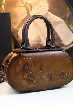 Elegant Purple Handmade Embossed Calf Leather Tote Handbag