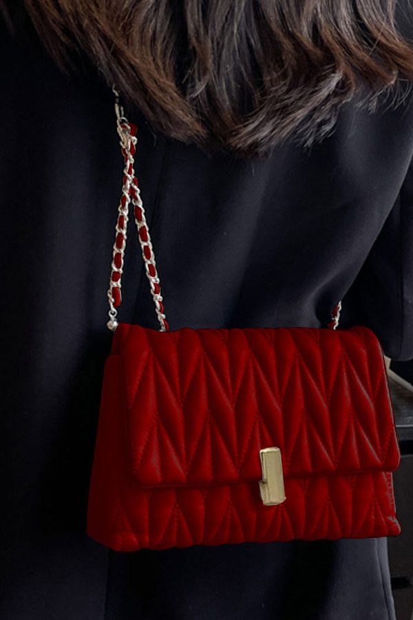 Elegant Red Chain Linked Faux Leather Satchel Bag Handbag