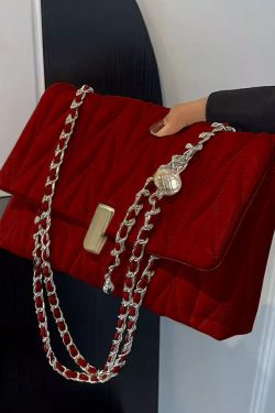Elegant Red Chain Linked Faux Leather Satchel Bag Handbag