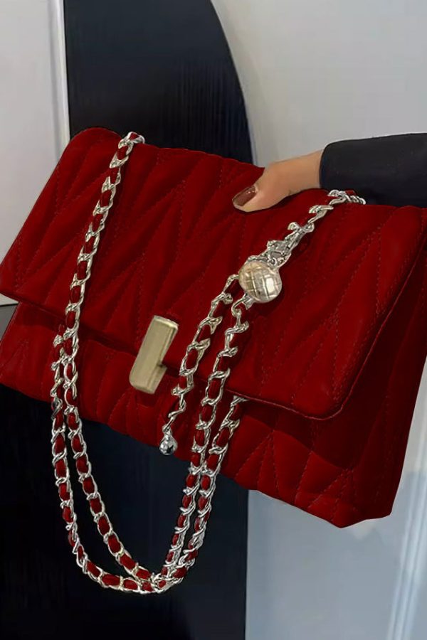 Elegant Red Chain Linked Faux Leather Satchel Bag Handbag