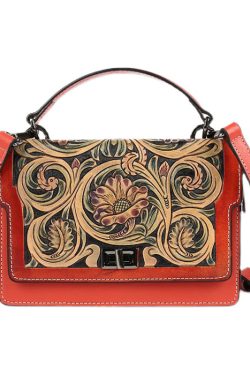 Elegant Red Jacquard Square Calf Leather Satchel Handbag