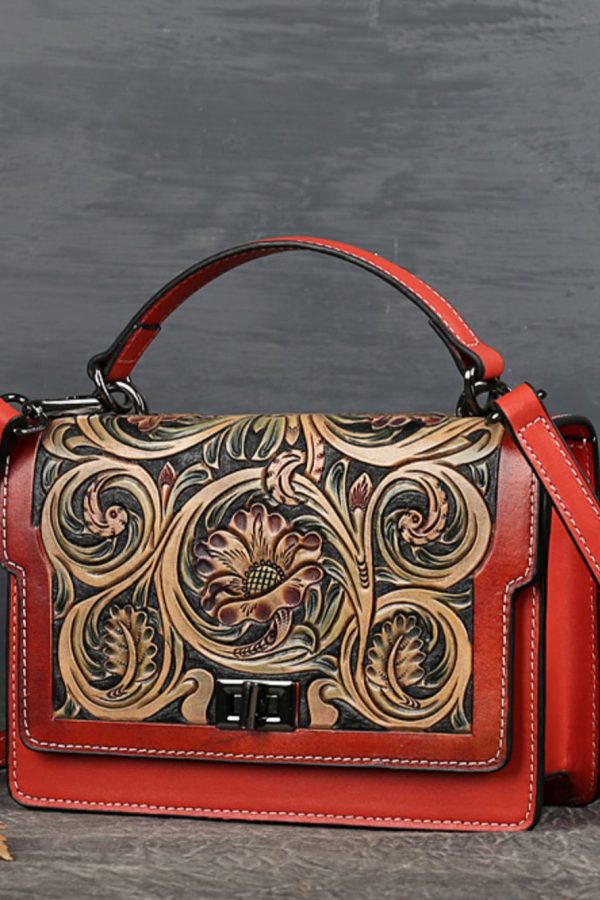 Elegant Red Jacquard Square Calf Leather Satchel Handbag