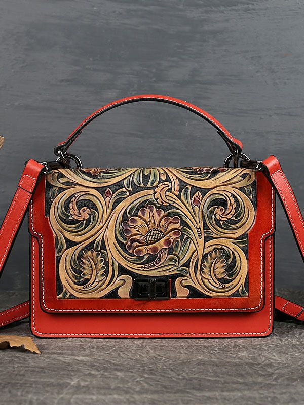 Elegant Red Jacquard Square Calf Leather Satchel Handbag