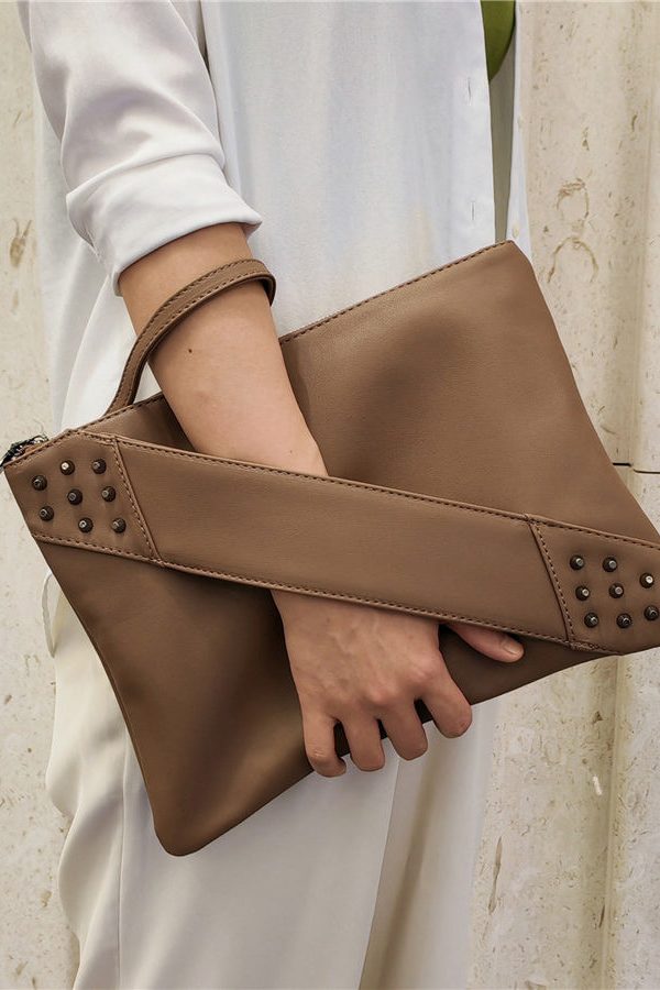 Elegant Red Nail Bead Zippered Faux Leather Satchel Handbag