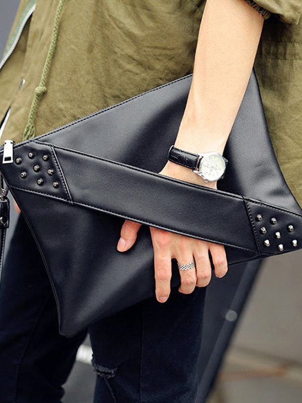 Elegant Red Nail Bead Zippered Faux Leather Satchel Handbag