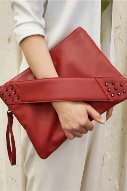 Elegant Red Nail Bead Zippered Faux Leather Satchel Handbag