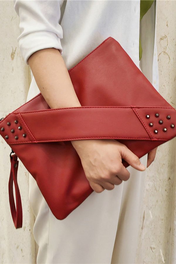 Elegant Red Nail Bead Zippered Faux Leather Satchel Handbag