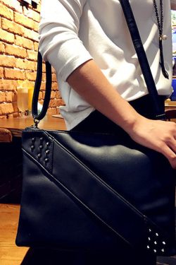 Elegant Red Nail Bead Zippered Faux Leather Satchel Handbag