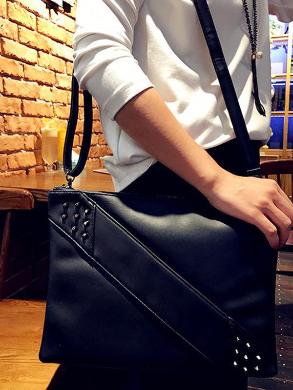 Elegant Red Nail Bead Zippered Faux Leather Satchel Handbag