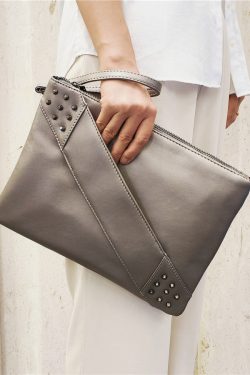 Elegant Red Nail Bead Zippered Faux Leather Satchel Handbag