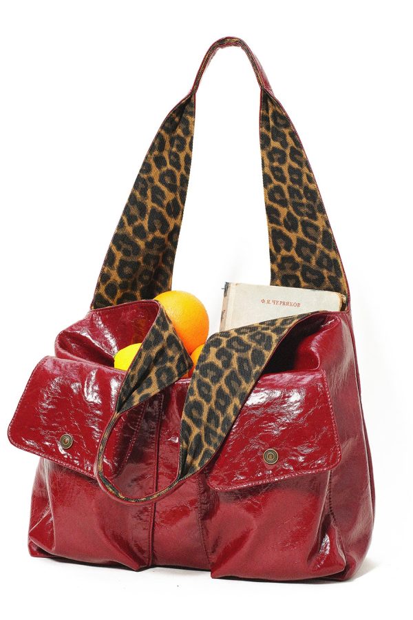 Elegant Red With Pockets Leopard Lined Faux Leather Shoulder Bags