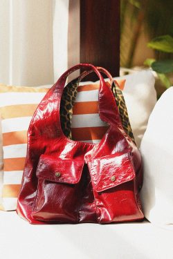 Elegant Red With Pockets Leopard Lined Faux Leather Shoulder Bags