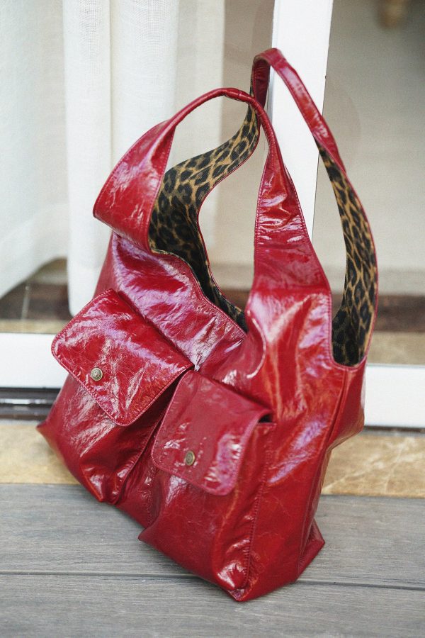 Elegant Red With Pockets Leopard Lined Faux Leather Shoulder Bags