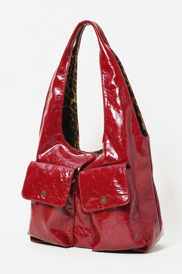 Elegant Red With Pockets Leopard Lined Faux Leather Shoulder Bags