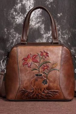 Elegant Retro Coffee Embossed Calf Leather Tote Handbag