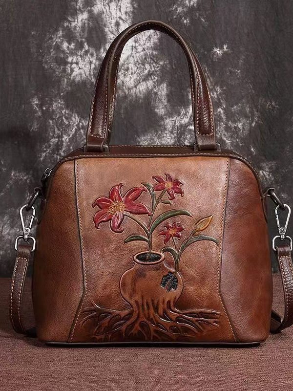 Elegant Retro Coffee Embossed Calf Leather Tote Handbag