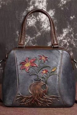 Elegant Retro Coffee Embossed Calf Leather Tote Handbag