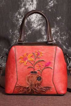 Elegant Retro Coffee Embossed Calf Leather Tote Handbag