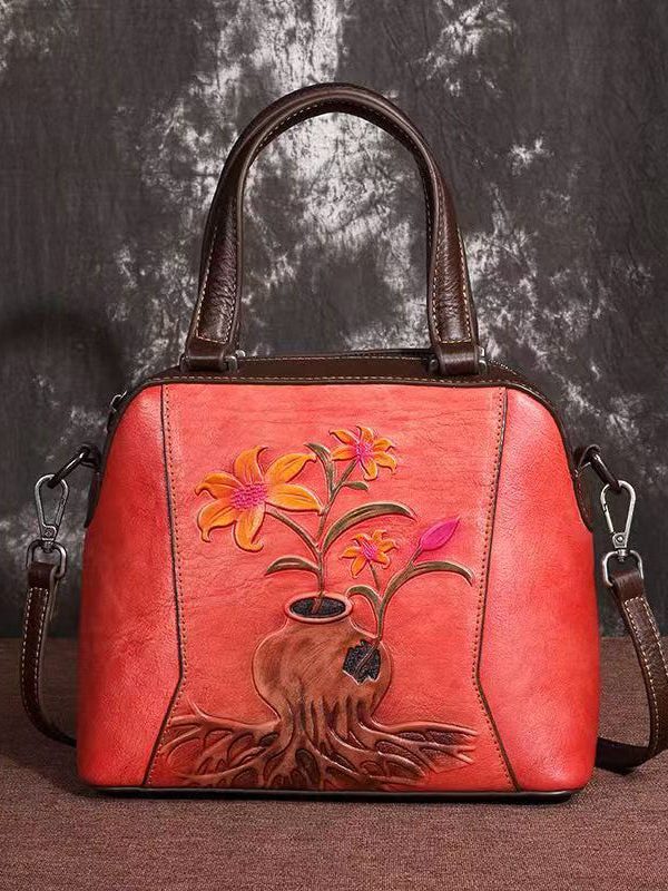 Elegant Retro Coffee Embossed Calf Leather Tote Handbag