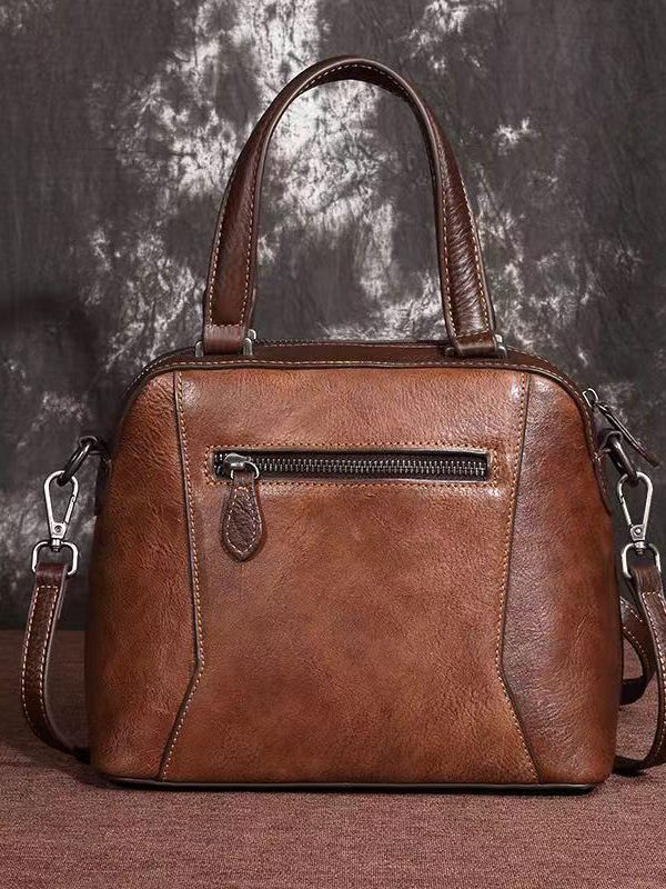 Elegant Retro Coffee Embossed Calf Leather Tote Handbag