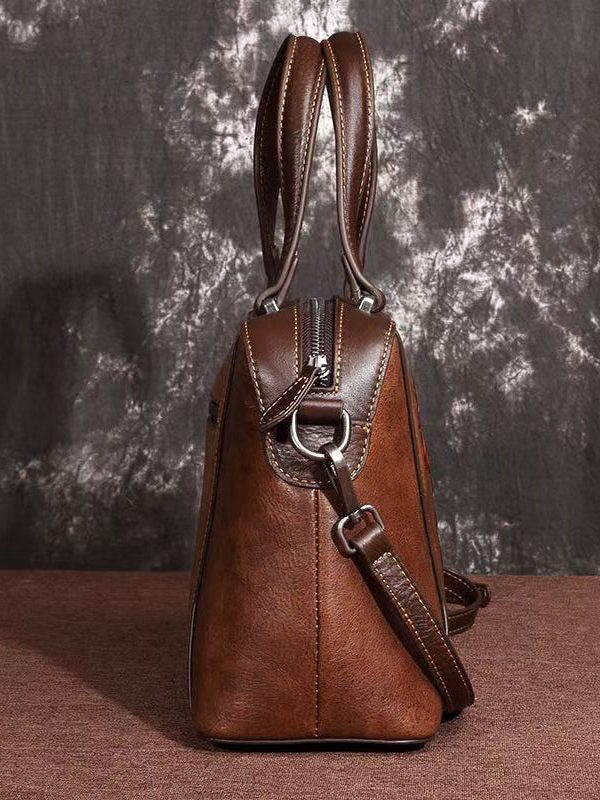 Elegant Retro Coffee Embossed Calf Leather Tote Handbag