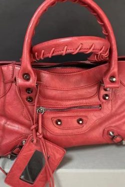 Elegant Versatile Red Sheepskin Rivet Tote Handbag