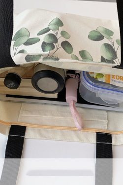 Elegant White Greenery Print Canvas Satchel Handbag