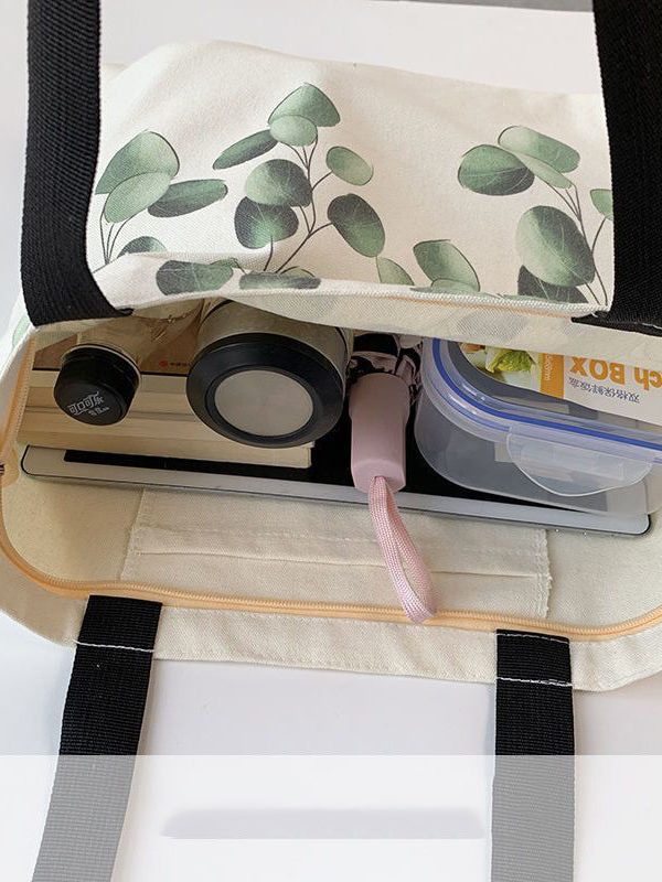 Elegant White Greenery Print Canvas Satchel Handbag
