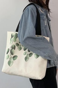 Elegant White Greenery Print Canvas Satchel Handbag
