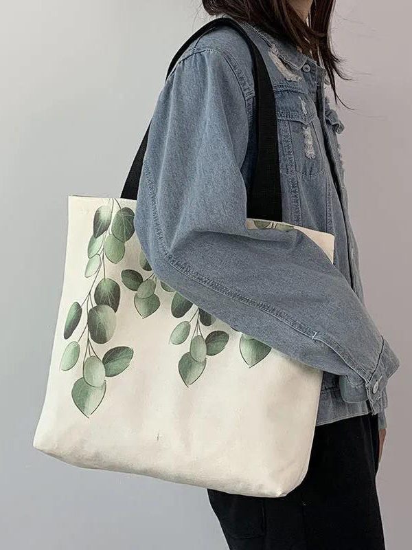 Elegant White Greenery Print Canvas Satchel Handbag