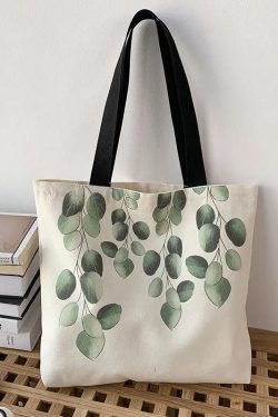 Elegant White Greenery Print Canvas Satchel Handbag