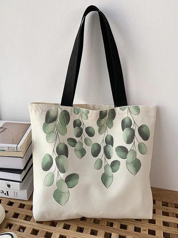 Elegant White Greenery Print Canvas Satchel Handbag