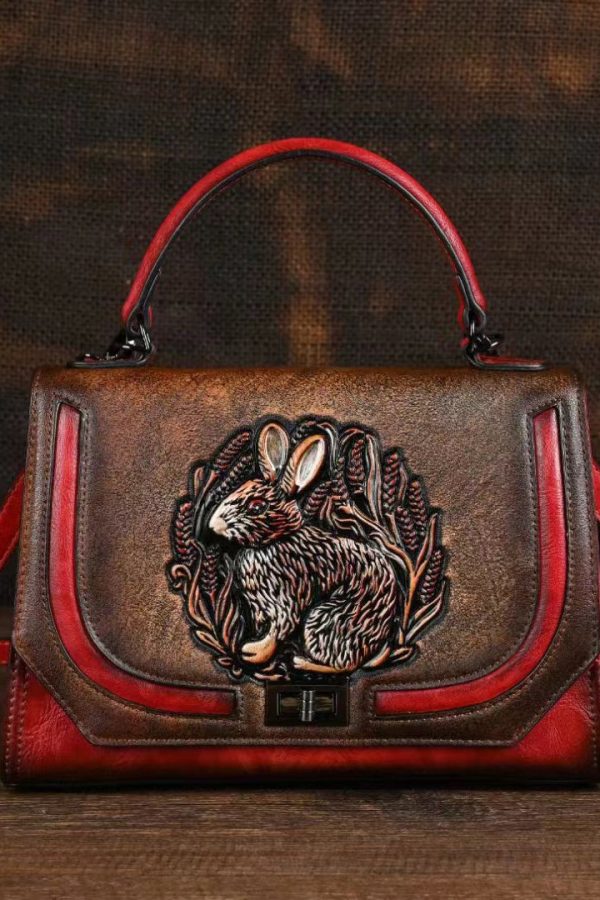 Ethnic Style Red Handmade Rabbit Embossed Handbag
