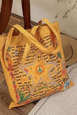 Ethnic Style Yellow Embroidery Star Cotton Shoulder Bags