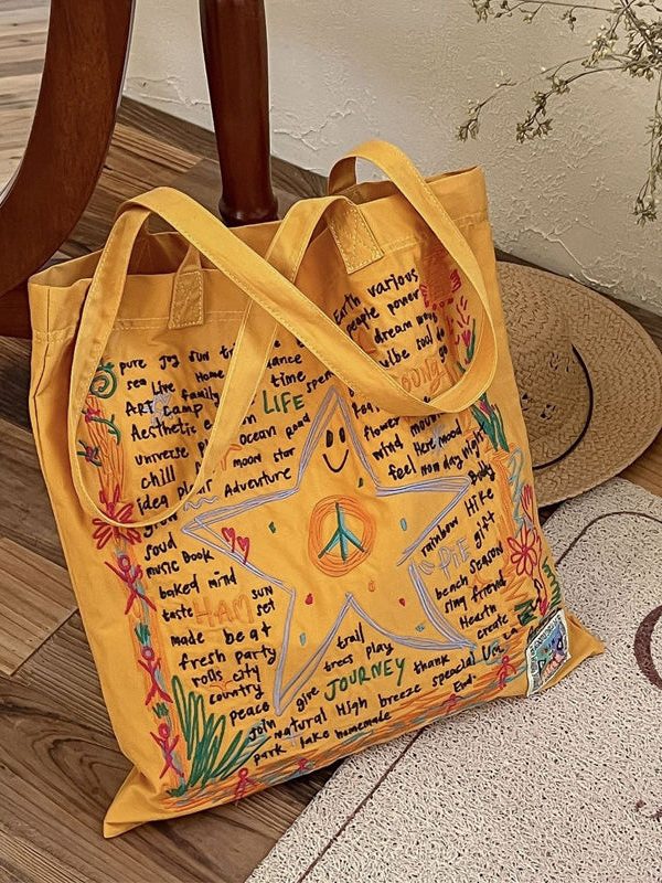 Ethnic Style Yellow Embroidery Star Cotton Shoulder Bags