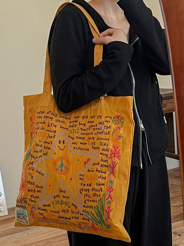 Ethnic Style Yellow Embroidery Star Cotton Shoulder Bags