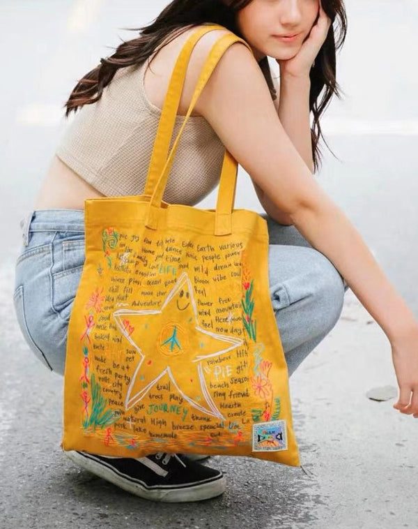 Ethnic Style Yellow Embroidery Star Cotton Shoulder Bags